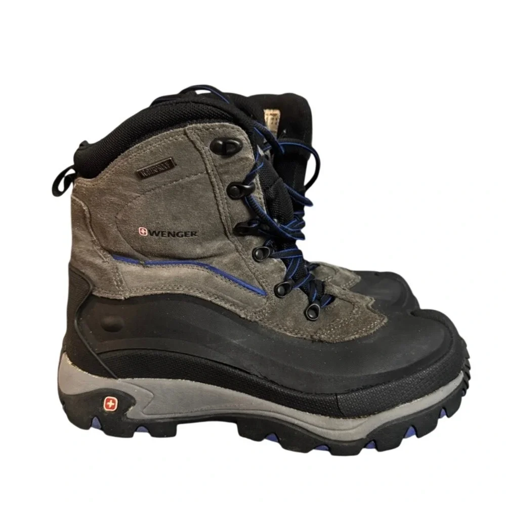 Wenger Mens Waterproof Hiking Boots Grey Suede Black Rubber High Top Lug Sole 11